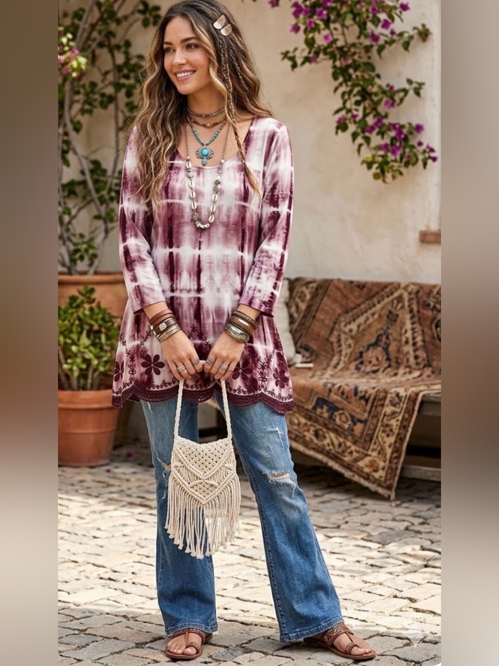Alya Boho Embroidered tie die Tunic top